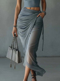 Elin - Blue Cropped T-Shirt and Sheer Mesh Draped Skirt Set