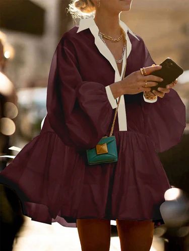 A Line Long Sleeves Buttoned Contrast Color Pleated Lapel Mini Dress