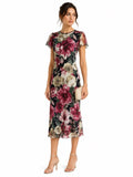 Kate And Lily Floral Mesh Column Midi Dress Flutter Sleeves Sheer