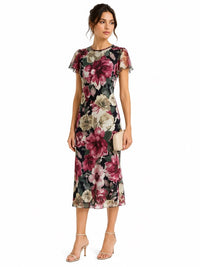 Kate And Lily Floral Mesh Column Midi Dress Flutter Sleeves Sheer