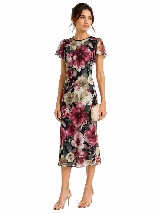Kate And Lily Floral Mesh Column Midi Dress Flutter Sleeves Sheer