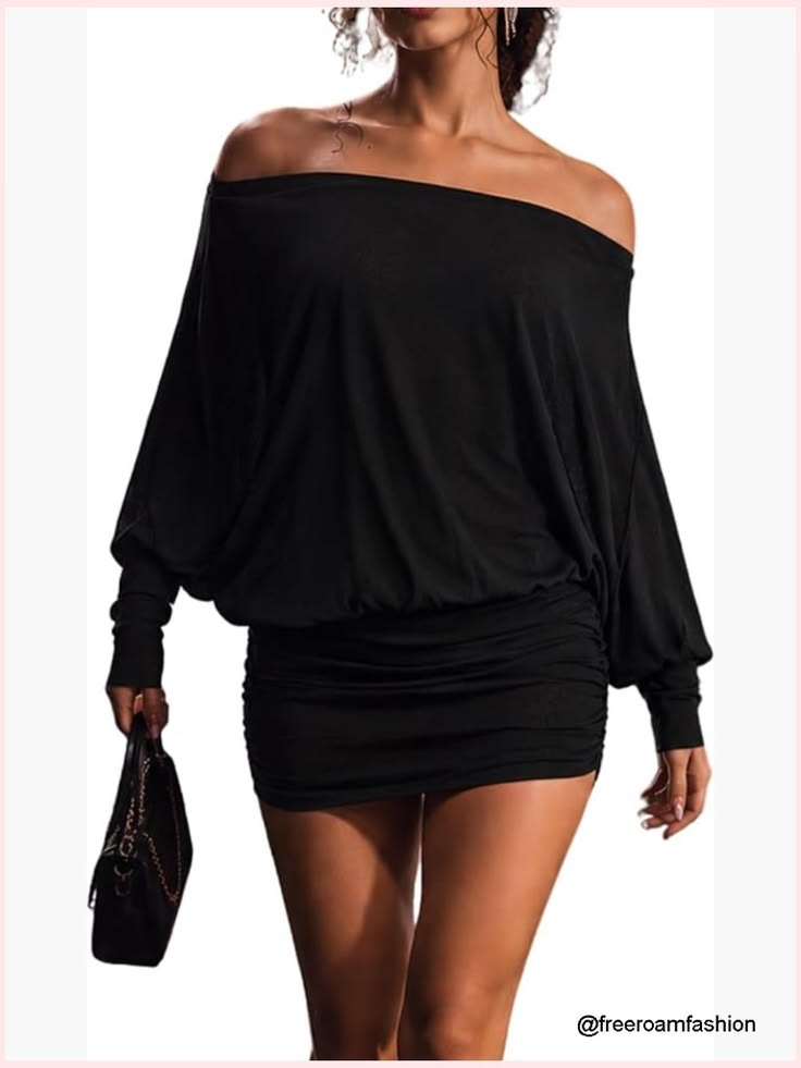 Off Shoulder Batwing Mini Dress Long Sleeve Ruched Y2k Oversized