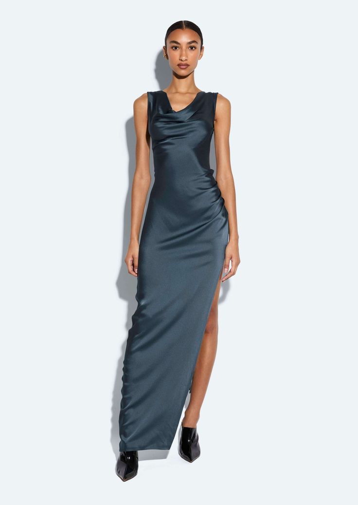 Satin Cowl Neck Gown In Marine Blue