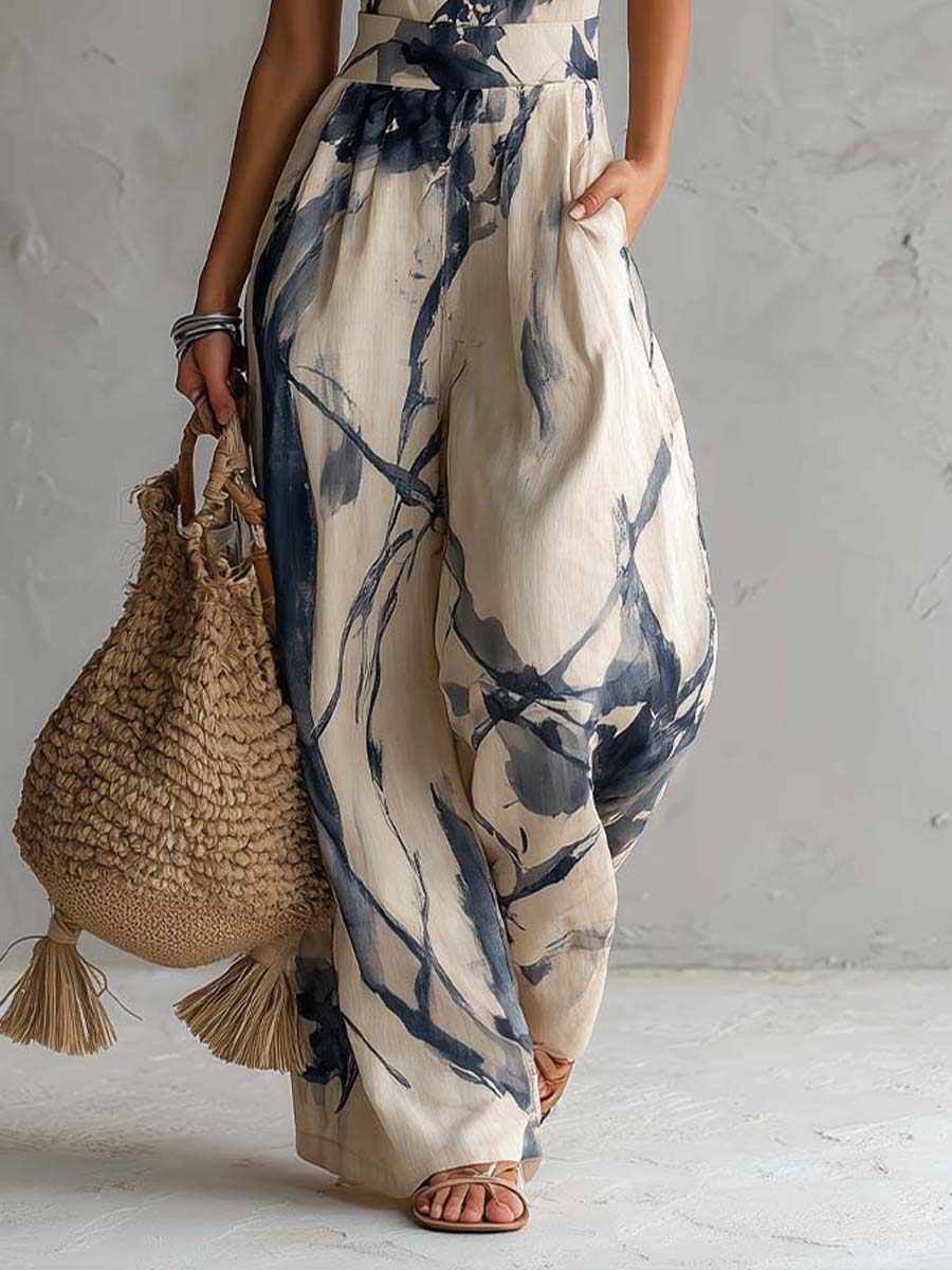 Jennifer - Halter Neck Ink Wash Print Wide Leg Jumpsuit With Pockets