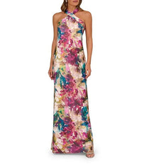 Adrianna By Adrianna Papell Halter Neck Abstract Floral Printed Satin