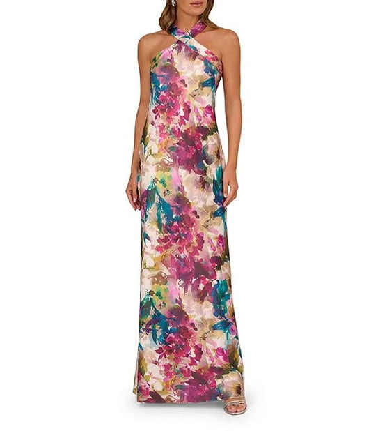 Adrianna By Adrianna Papell Halter Neck Abstract Floral Printed Satin