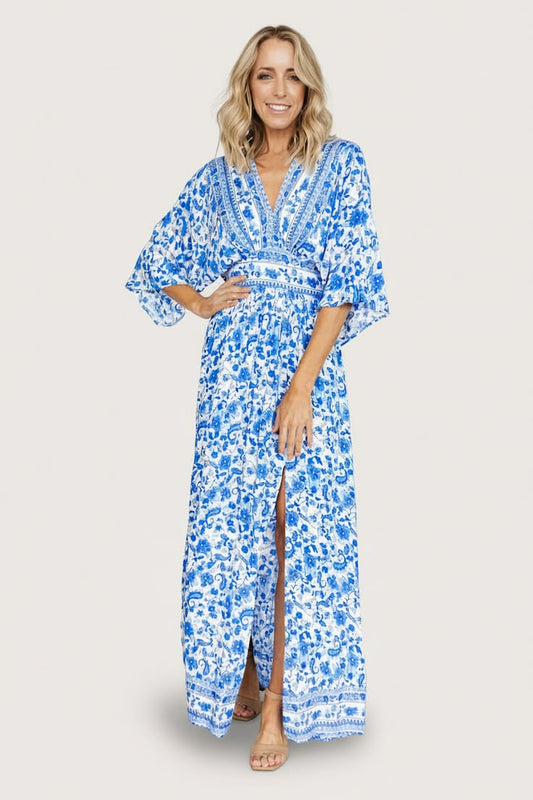 Watson Kimono Maxi Dress Blue + White
