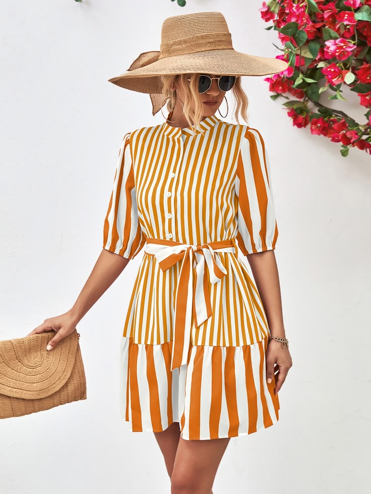 Striped Half Sleeve Tie Waist Mini Dress Mustard