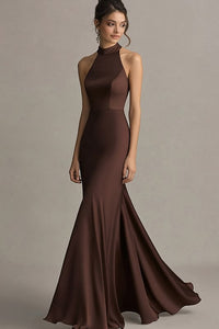 Women Simple Coffee Satin Long Formal Dress Mermaid Halter Evening
