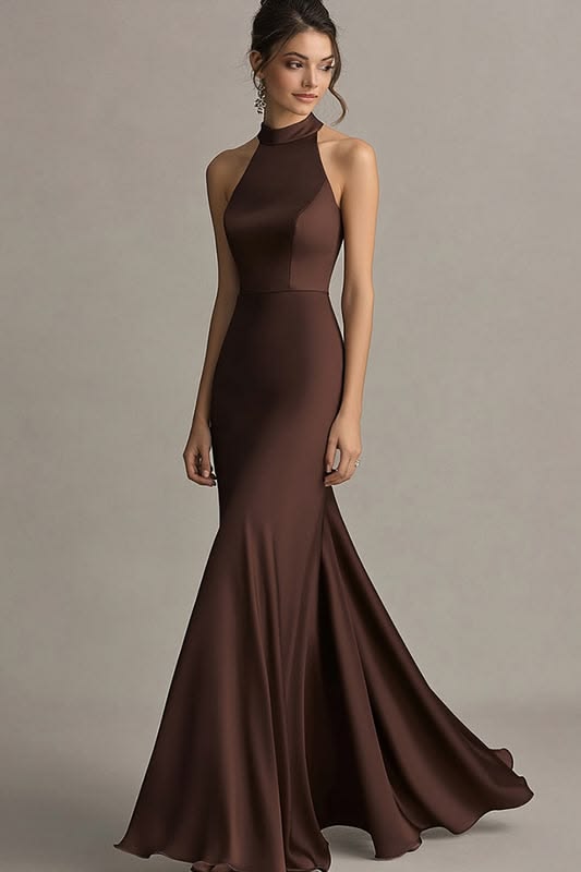 Women Simple Coffee Satin Long Formal Dress Mermaid Halter Evening