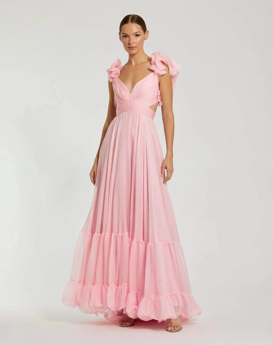 Pink Ruffle Tiered Cut Out Chiffon Gown