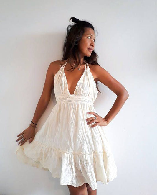 Bohemian White Dress, Boho Mini Dress,halter Backless Dress,festival