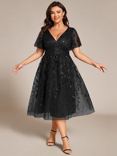 Plus Size Sparkly A Line Midi Tulle Formal Wedding Guest Dress With