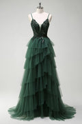 Sparkly Dark Green A Line Corset Ruffles Appliqued Long Prom Dress