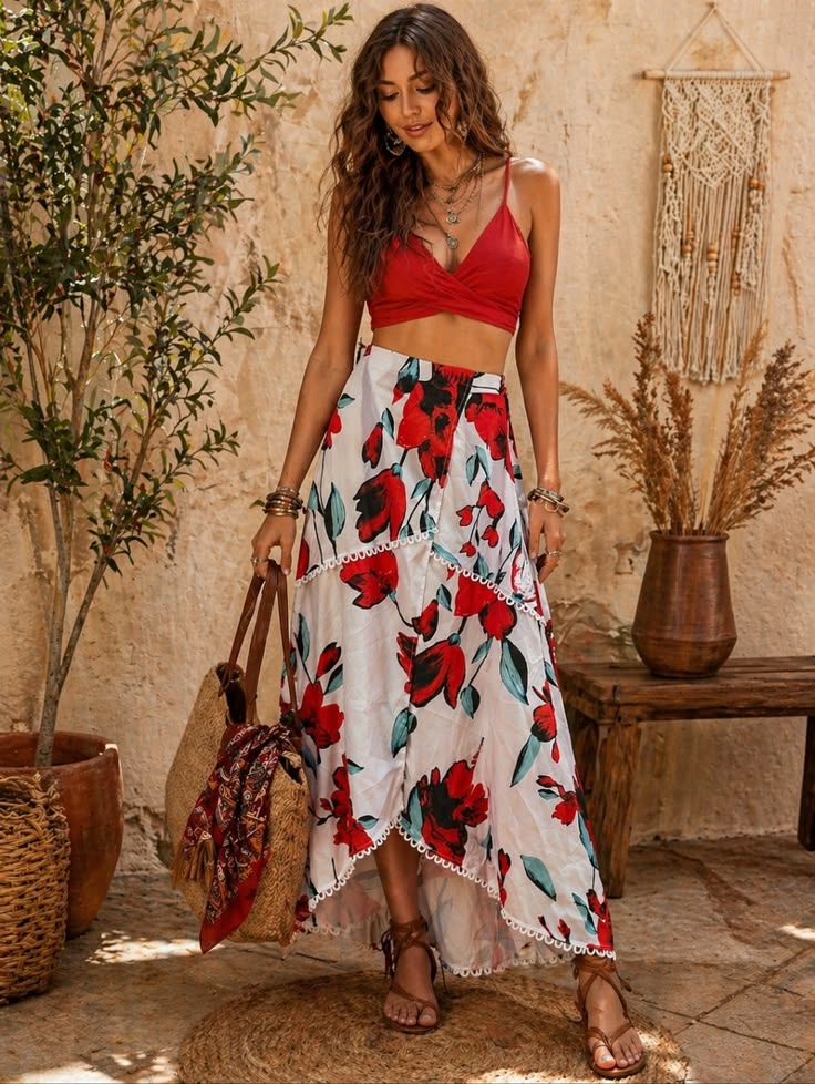 Cbr Skirts Cbr Floral Wrap Midi Skirt With Pom Trim White Red Size