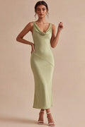 Light Green Satin Cowl Neck Mermaid Maxi Wedding Guest Dress Light