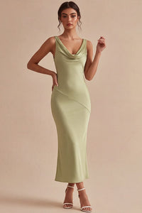 Light Green Satin Cowl Neck Mermaid Maxi Wedding Guest Dress Light