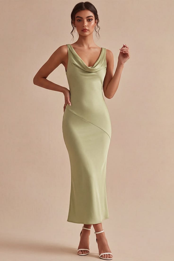 Light Green Satin Cowl Neck Mermaid Maxi Wedding Guest Dress Light