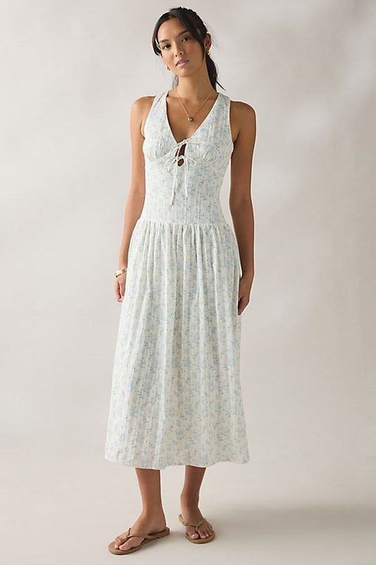 Kiss The Sky Summer Breeze Drop Waist Midi Dress In Blue Floral,