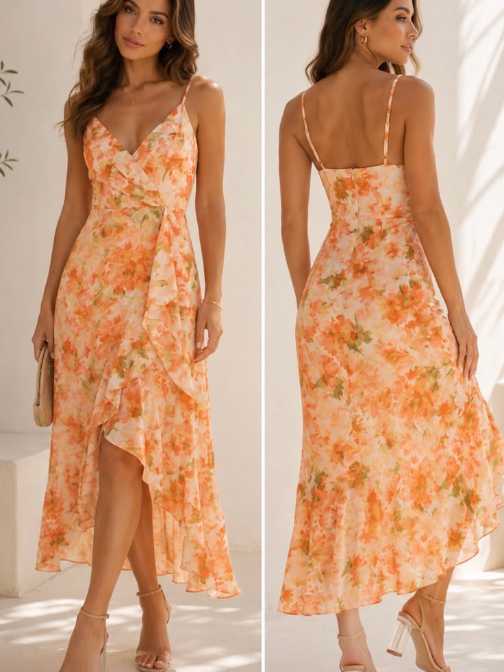 Chelsea28 Dress Chelsea28 Floral Faux Wrap Midi Dress Orange Green