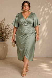 Ana Plus Size Sage Green Wedding Guest Midi Dress With Sleeves