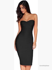Strapless Bandage Bodycon Midi Cocktail Dress with Applique