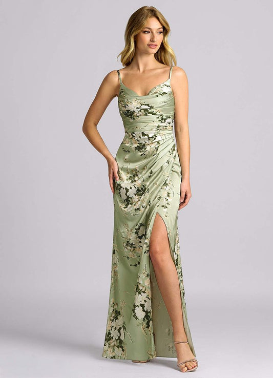 Mermaid Cowl Floor Length Stretch Satin Bridesmaid Dress Floral Vines