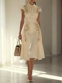 Apricot Embroidery Floral Classic Bow Collar Cap Sleeve A Line Midi