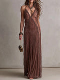 Dark Brown Lace Panel Deep V Spaghetti Strap Pleated Sheer Maxi Dress