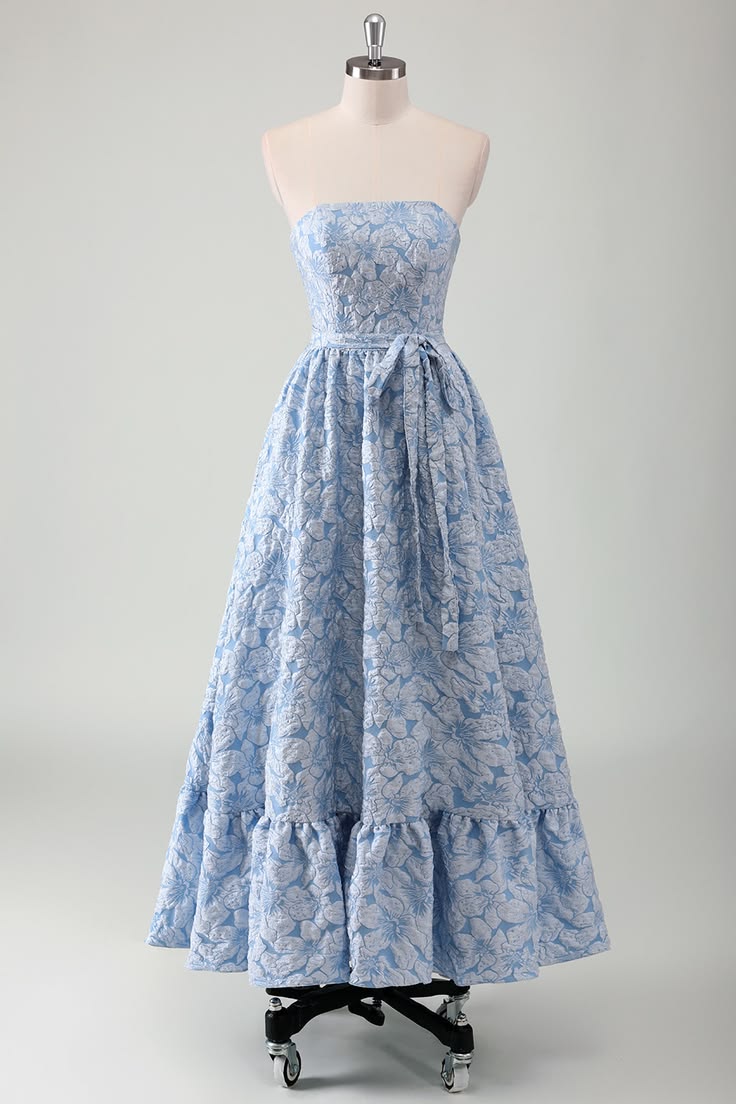 Women Blue Floral Strapless Prom Dress Ruffled Party Dress With Bow,