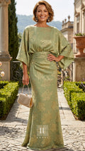 Scoop Neck Floor Length Jacquard Satin Pleated Mermaid Mother Of The