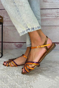 Constance – Multicolour and Gold Buckle T-Bar Peep-Toe Sandals