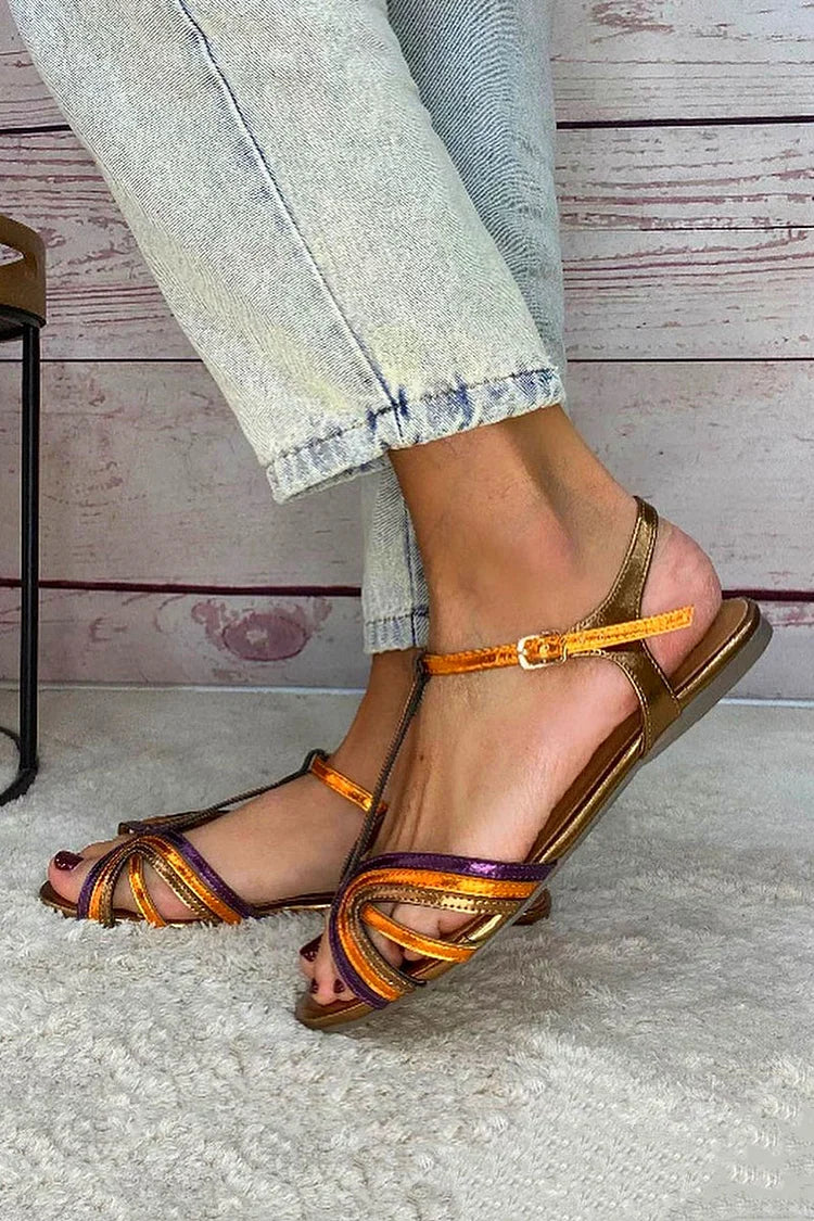 Constance – Multicolour and Gold Buckle T-Bar Peep-Toe Sandals