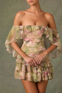 Birdie Off Shoulder Ruffled Mini Dress In Floral Multi Print