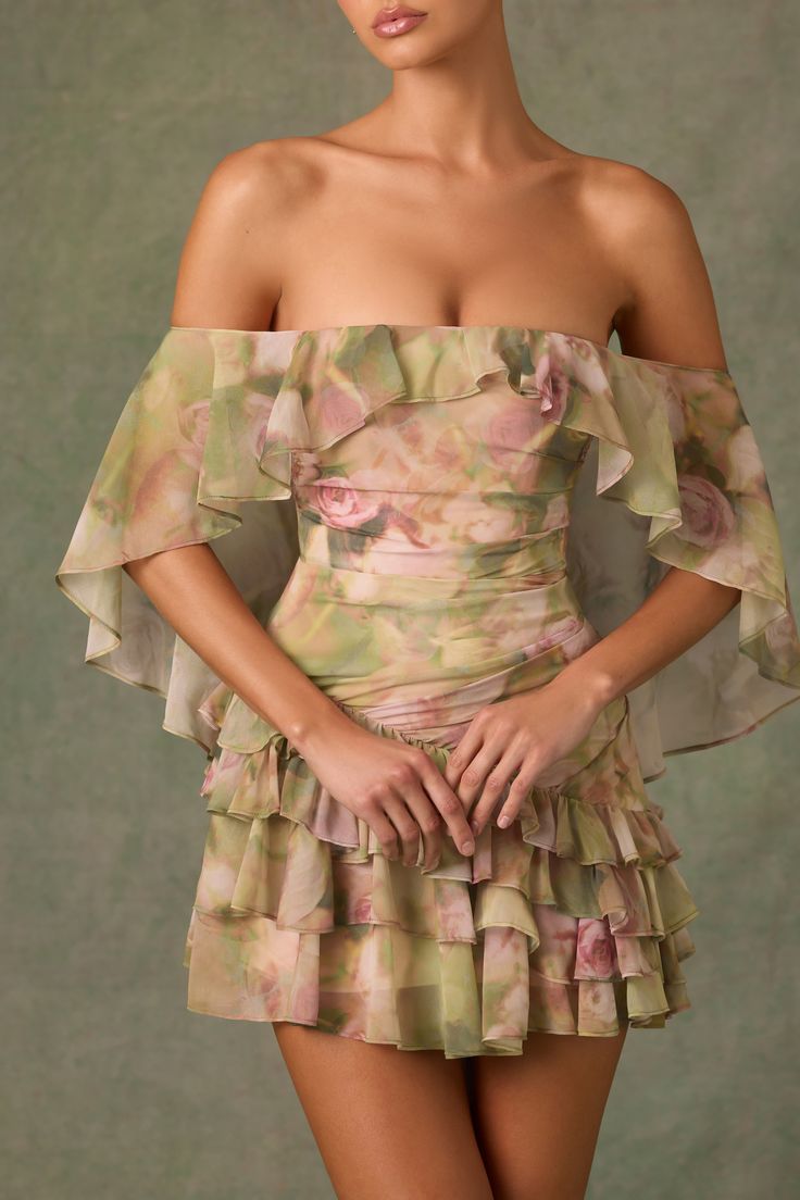 Birdie Off Shoulder Ruffled Mini Dress In Floral Multi Print