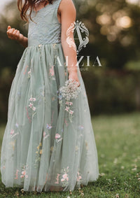 Sleeveless Flower Girl Dress Wildflower Embroidered Tulle All Colors