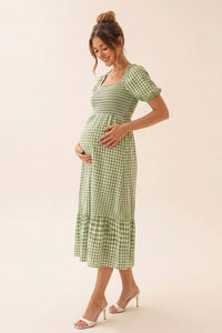 Summer Mae Summer Mae Gingham Maternity Midi Dress Smocked Bust Puff