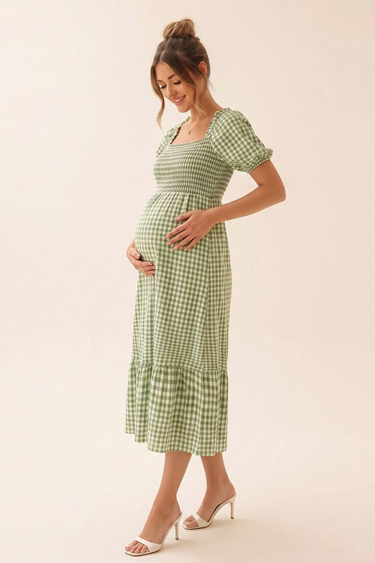 Summer Mae Summer Mae Gingham Maternity Midi Dress Smocked Bust Puff