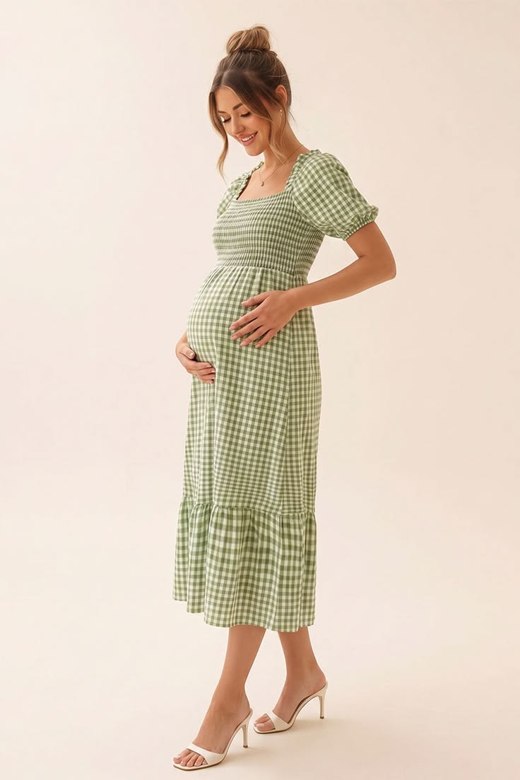 Summer Mae Summer Mae Gingham Maternity Midi Dress Smocked Bust Puff