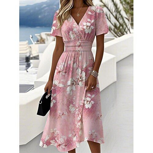Women's Elegant Midi Dress A Line Dress Wrap Dress V Neck Short Sleeve