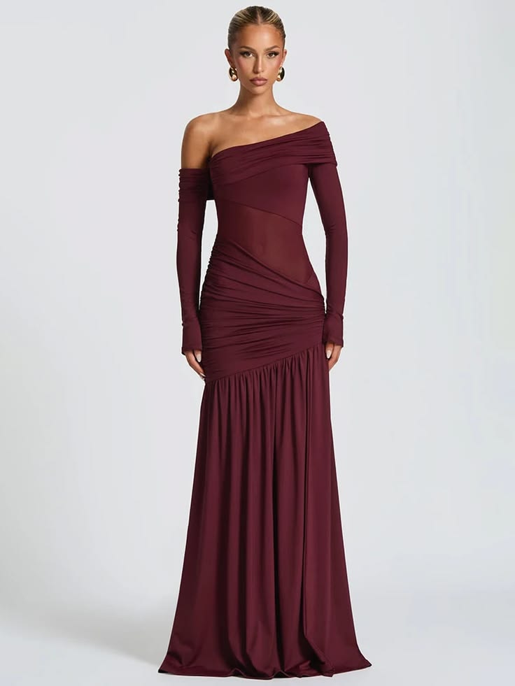 One Shoulder High Slit Maxi Dress Red