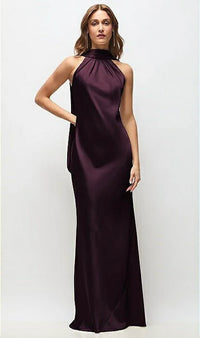 Draped Scarf Halter Open Back Stretch Satin Bias Maxi Dress With