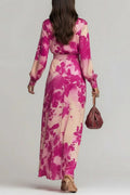 Floral Print Chiffon Long Sleeved V Neck Tie Waist Elegant Maxi Dress