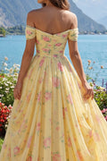 Ruched Off The Shoulder A Line Butter Yellow Floral Prom Dress Butter