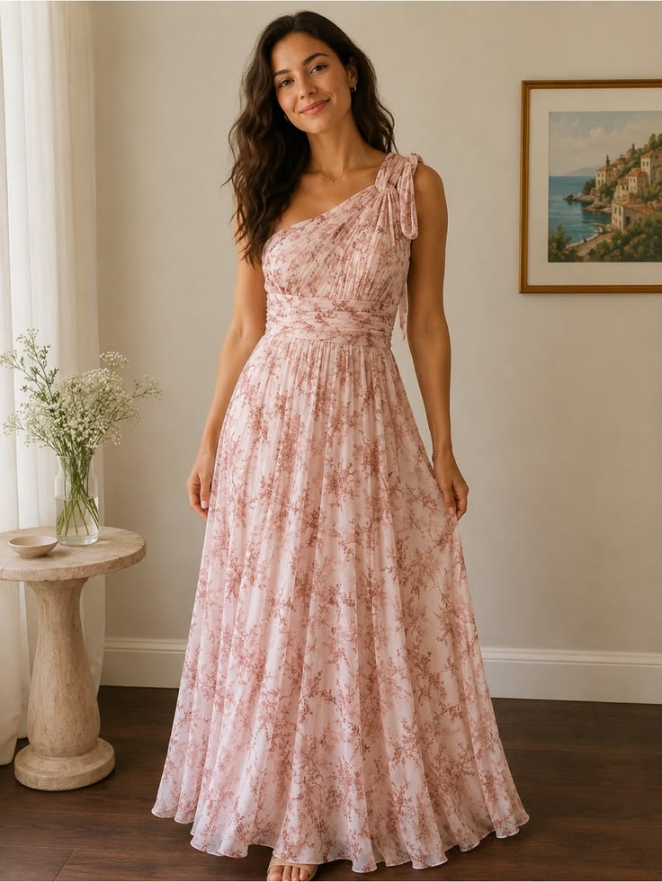 Dress Charlize Pink Fern Floral One Shoulder Chiffon A Line Gown Nwt