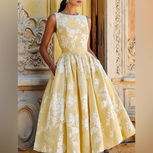 Linen Vibes Chilinen Dress Sunny Yellow Floral Midi Dress #140 Color: