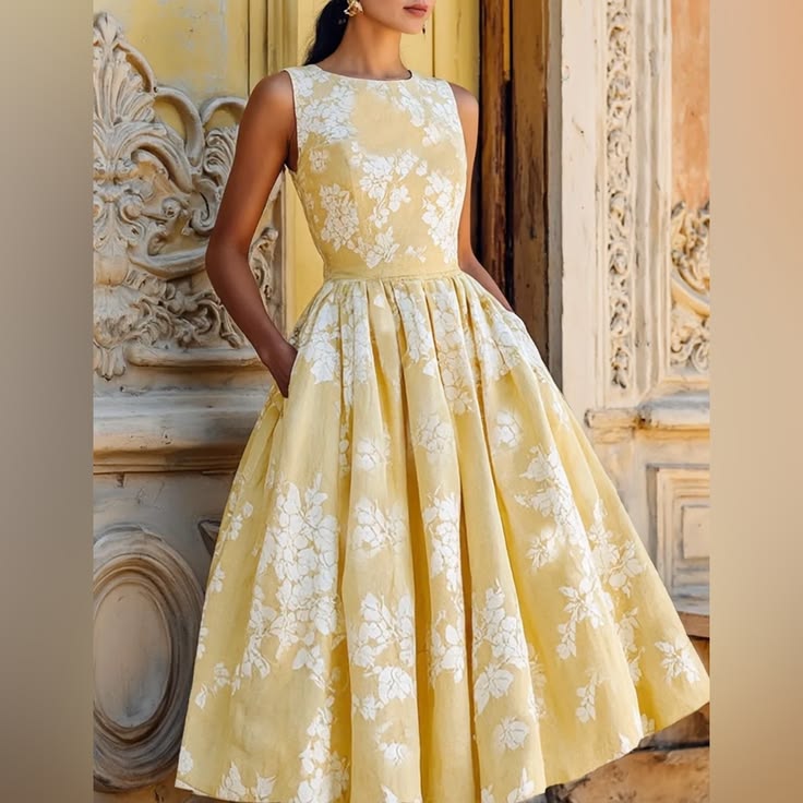 Linen Vibes Chilinen Dress Sunny Yellow Floral Midi Dress #140 Color: