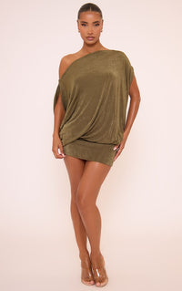 Off The Shoulder Draped Asymmetric Mini Dress In Khaki Green