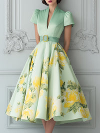 Green Floral Midi A Line Dress With Belt And Puff Sleeves Green L(12