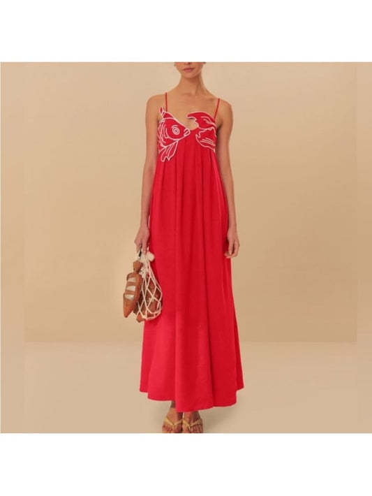 Commense Dress Commense Red White Fish Cotton Midi Maxi Dress Nwt